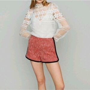 Maje Paris Tweed High Waist Red Black Trim Shorts Size 40 FR 8 US Chic Elegant